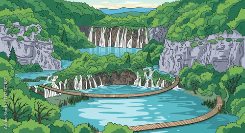 Cartoon Illustration of Plitvice Lakes National Park with Wooden Bridges