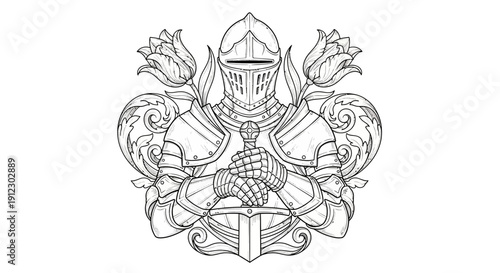 Illustration of a knight's armor adorned with floral patterns and ornate designs in a vector graphic style