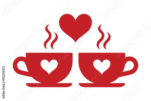 Two steaming coffee cups touch with hearts above symbolizing warm.