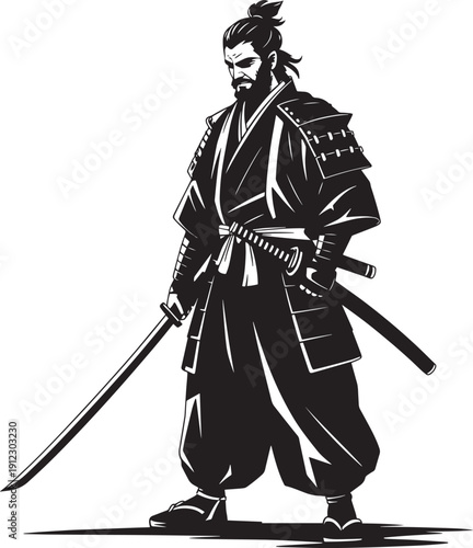 Samurai warrior with swords in traditional japanese clothing, isolated on white backg