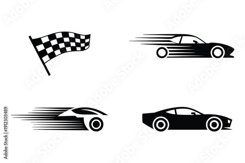 Racing car icons and checkered flag symbolize motorsport achievement.