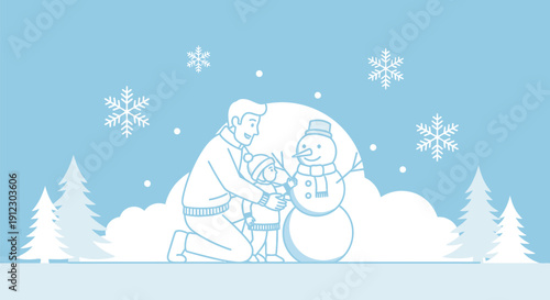 Father and child building a snowman together in winter landscape.