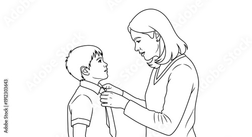 Mother helping her young son with his tie.