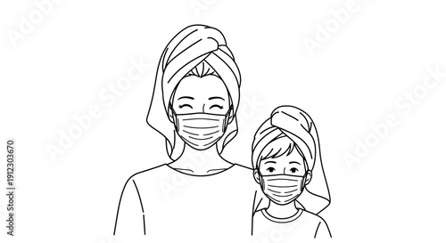 Simple line drawing of a mother and child wearing face masks and headscarves.