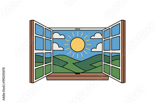 Open window reveals bright sun shining over rolling green countryside.