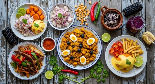 Wallpaper Mural Assortment of vibrant Peruvian dishes laid out. This image is a celebration of flavors and colors, representing a cultural feast Torontodigital.ca