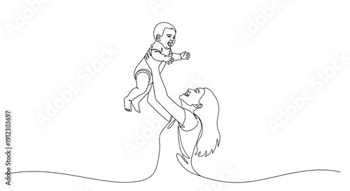 Continuous line drawing of a mother and child playing together.