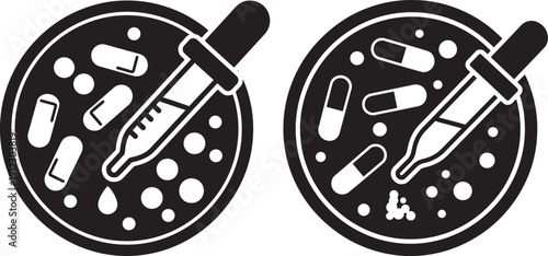 Science dropper and pills icon set