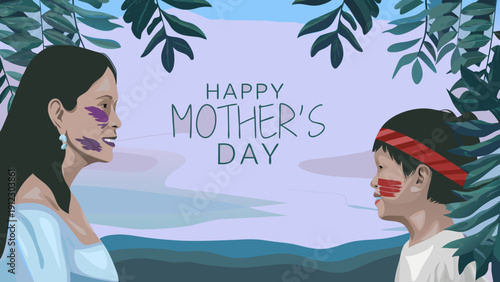 Indigenous mother figure with minimalist botanical elements in the background, phrase "Happy Mother's Day" in elegant typography.