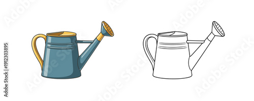 Gardening watering can in cartoon style featuring blue metal body with yellow handle and spout details used for plant care and backyard agriculture works on white background
