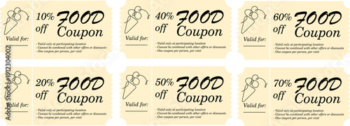 set of coupon templates with different percentage discounts on ice cream in a minimalist style, for thematic printing for cafes or restaurants