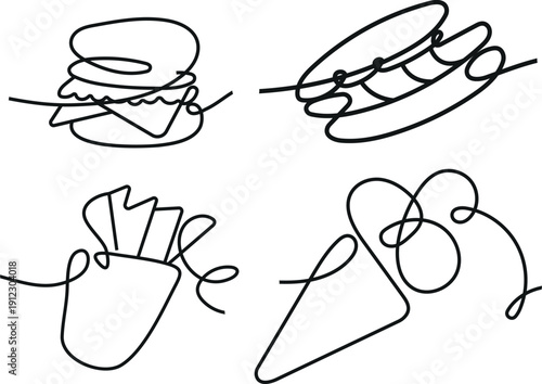 set of icons of various fast food, namely burger, ice cream, hot dog and french fries in line art style