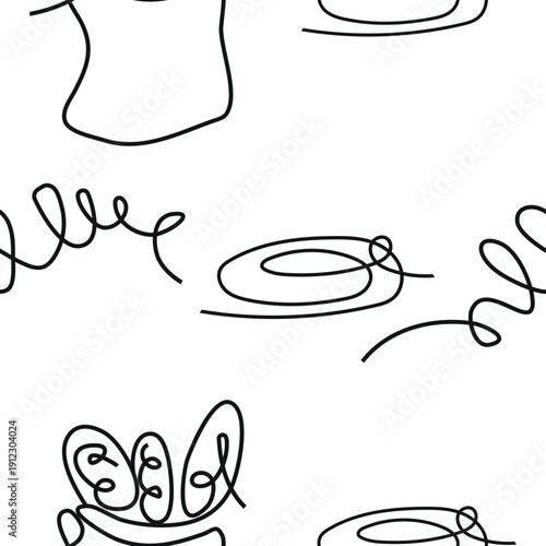 seamless pattern with a set of icons of various pastries, namely croissants, bread and baguettes in line art style placed randomly
