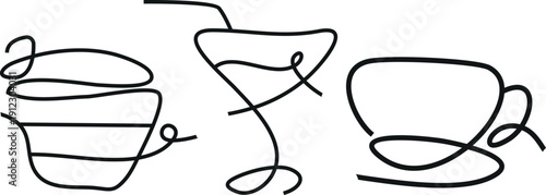 set of icons of various drinks, namely coffee, tea and martini in line art style