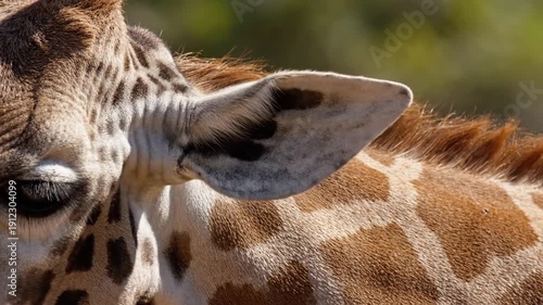 Closeup of a giraffes head and ear showcasing its unique patterns and features.