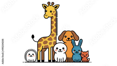 Cartoon animals group standing together isolated on transparent background.