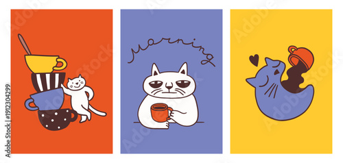 Coffee take away, cafe. Set of posters, postcards, post stamps. Vector illustrations of coffee lovers. Cat character drinking coffee, mug doodles. Daily routine for social media banners, marketing.