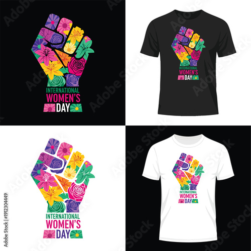 Fist raised with vibrant floral pattern for International Women's Day, symbol of strength and protest