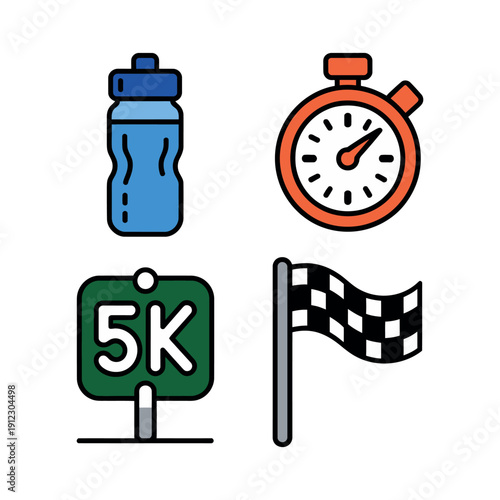 Running race equipment includes a water bottle, stopwatch, 5K sign.