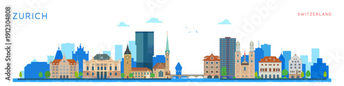 Colorful horizontal vector illustration of famous architectural structures in Zurich, themed around tourism and travel.