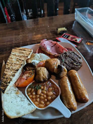 Traditional full Scottish breakfast served in a restaurant in Edinburgh, United Kingdom.