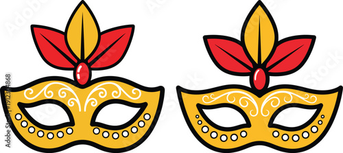 Ornate golden masks with red and yellow leaves