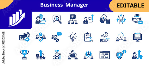 Business Manager Editable Icon Set Corporate Management Concept