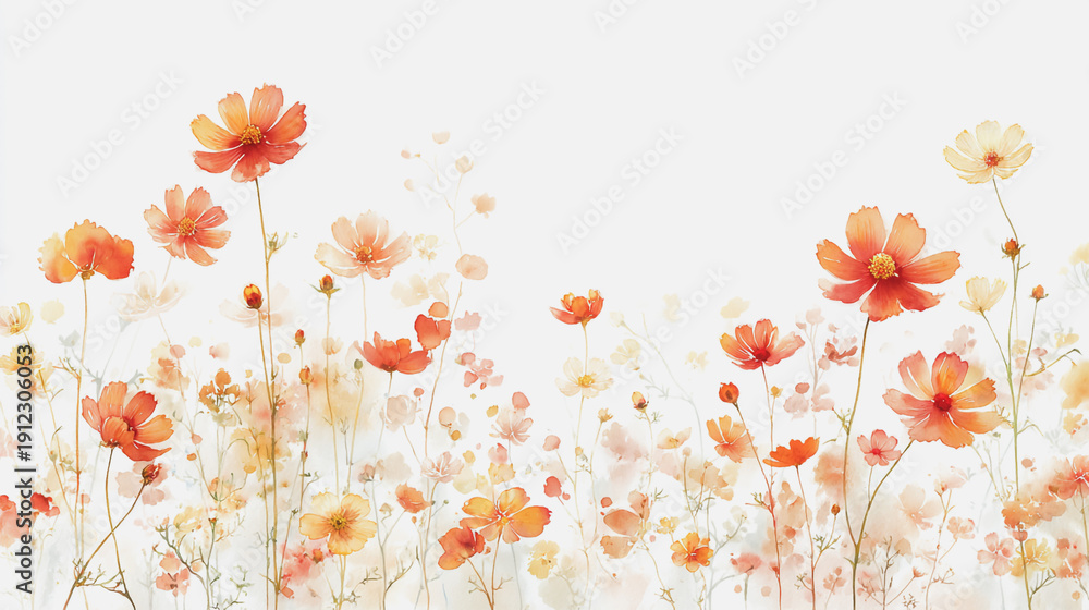 Fototapeta premium Elegant wedding invitation card background . Minimal hand painted watercolor Cosmosflowers texture template background. Design for wedding, vip cover, poster, rsvp moderncard. Valentine's Day