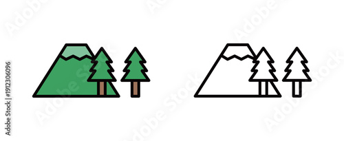 シンプルな雪山と針葉樹のフラットアイコン・2種バリエーション | 観光案内やトレッキング・環境保護のグラフィック素材
