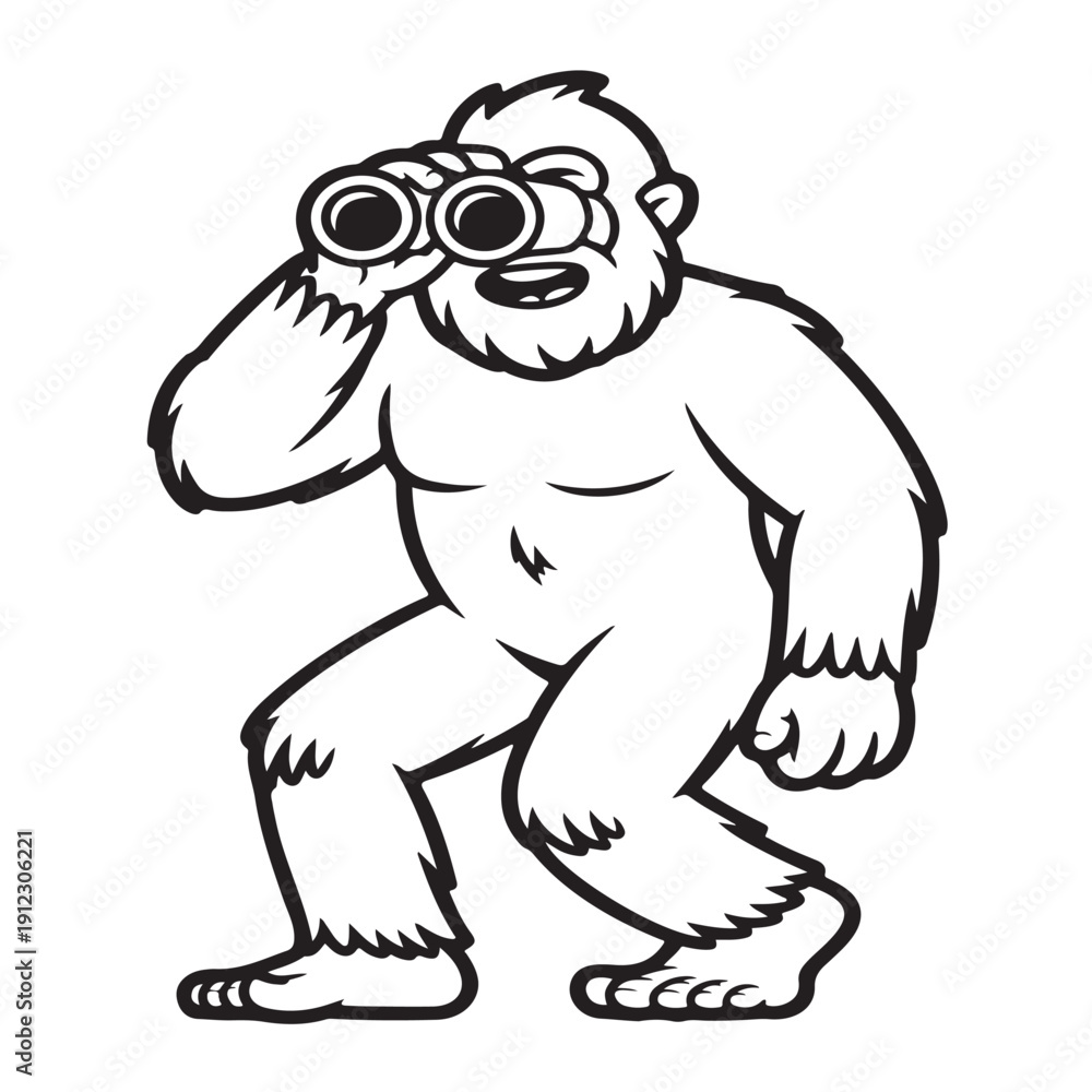 Fototapeta premium Bigfoot using binoculars vector illustration mythical sasquatch monster character looking through scouting glasses in forest wilderness environment line art design for outdoors hiking adventure