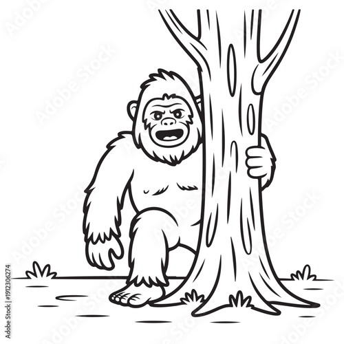 Bigfoot hiding behind tree vector illustration funny sasquatch monster peeking from forest trunk mythical creature character line art design for outdoors hiking and wilderness exploration