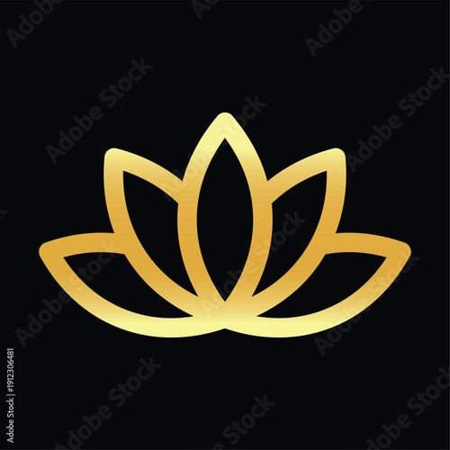 Luxury Gold Lotus Flower Logo Vector. Elegant Linear Icon for Spa, Yoga, Wellness, Beauty Salon Branding. Minimalist Golden Line Art on Black Background. Premium Esoteric Zen Symbol Illustration.