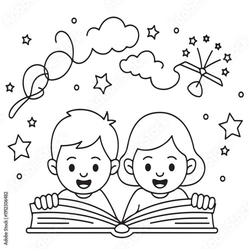 Children reading open book together imagination fantasy world above their heads with stars clouds and flying objects line art