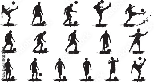 Black silhouettes of soccer players in various poses with balls football white background 1