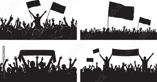 Black silhouettes of crowds with flags and raised hands protest