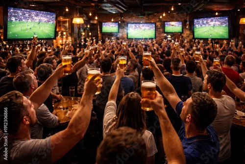 Enjoying night with beer and friends. Lively pub scene with friends watching game together
