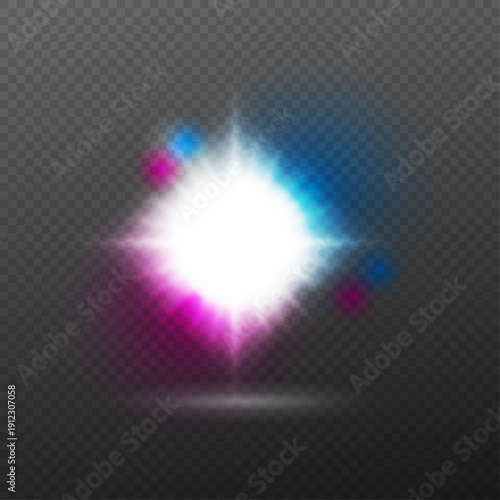 Neon Light Burst with White Center, Blue and Magenta Glow Effect Isolated on Transparent Background