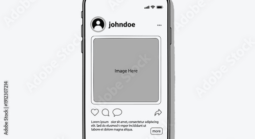 Vector illustration of a smartphone screen displaying a social media profile with a gray image placeholder, isolated on transparent background