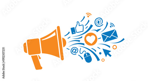 Vector illustration of a megaphone with social media icons and symbols emerging from it