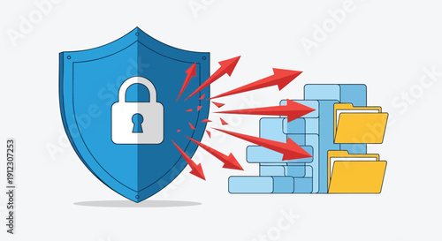 Vector illustration of a blue shield with a white lock protecting files from cyber attacks and data breaches