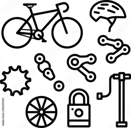 A collection of bicycle parts and accessories on a white background