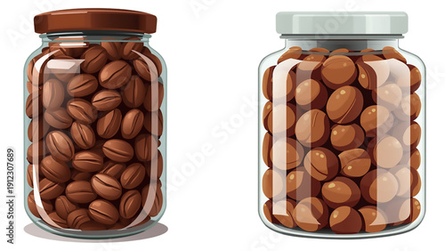 Transparent glass jar filled with raw cocoa beans whole hazelnuts isolated transparent background, editable vector artwork ai illustration file, gourmet cocoa and hazelnut pantry jar clipart for packa