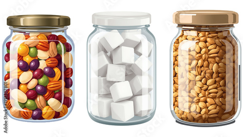 Transparent glass jar filled with black beans isolated transparent background, editable vector artwork ai illustration file, pantry ingredient jar clipart for packaging labels recipes and grocery bran