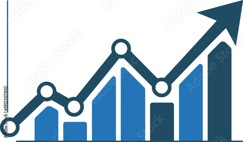 A blue graph with an upward trend and a rising arrow indicating growth