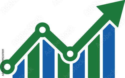 A green arrow pointing up on a graph with blue and green bars