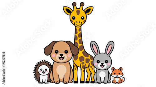 Cartoon animals group standing together isolated on transparent background.