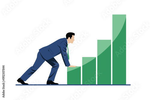 A businessman pushing a bar graph upwards to represent growth and success