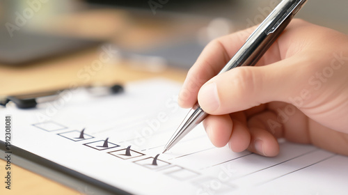 書類のチェックボックスにペンで印を付ける手元
