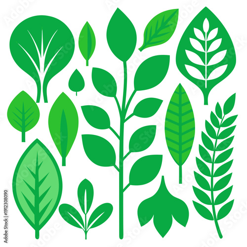 A collection of stylized green leaves in various shapes and sizes