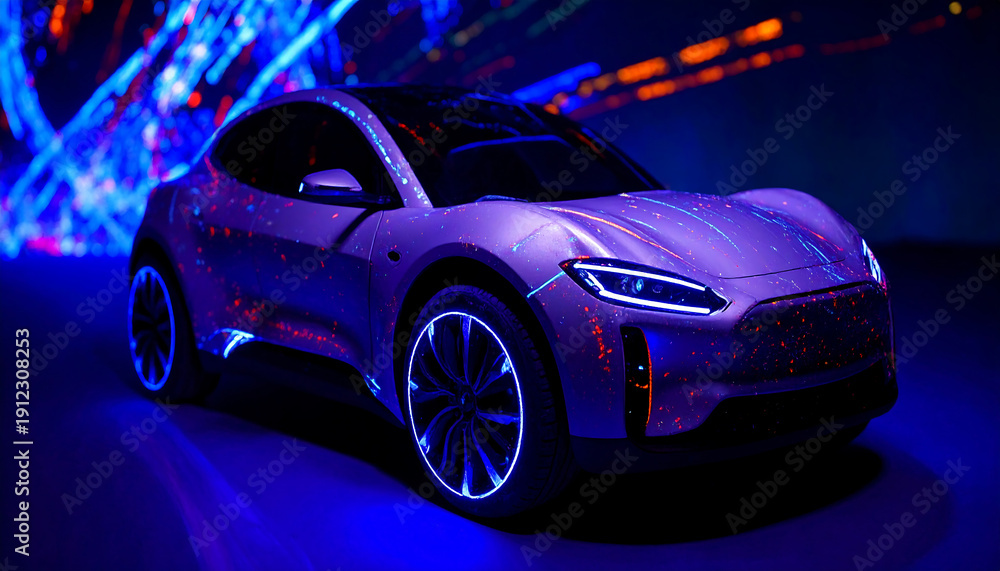 Naklejka premium A sleek, futuristic electric car in motion, featuring a smooth aerodynamic design